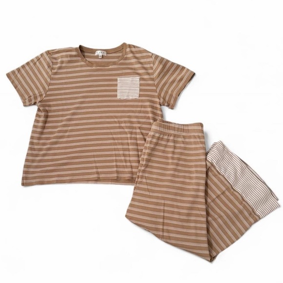 LAKE Pima Crew Wide Leg Pajama Set Sandstone Mixed Stripe - Picture 3 of 15